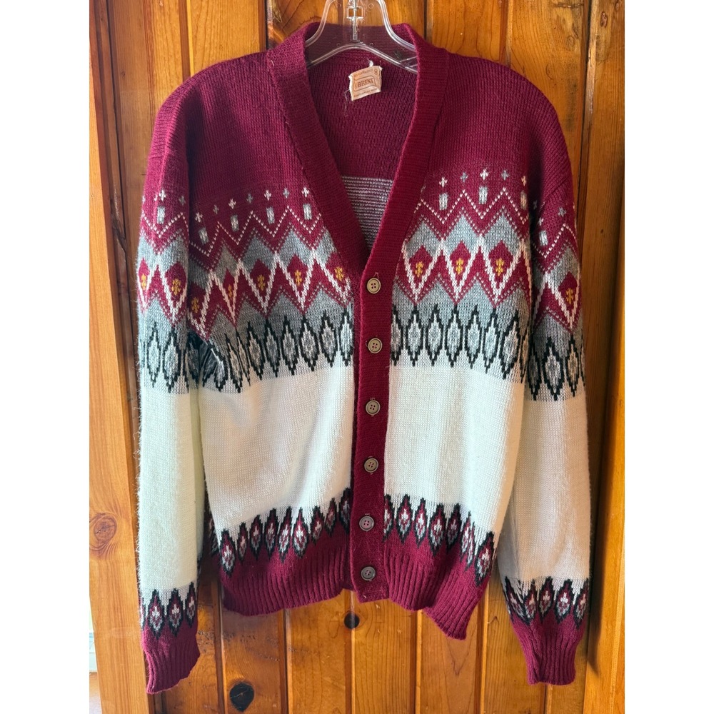 Vintage Women's Burgundy‎ Fair Isle Cardigan Sweater Geometric  Brent